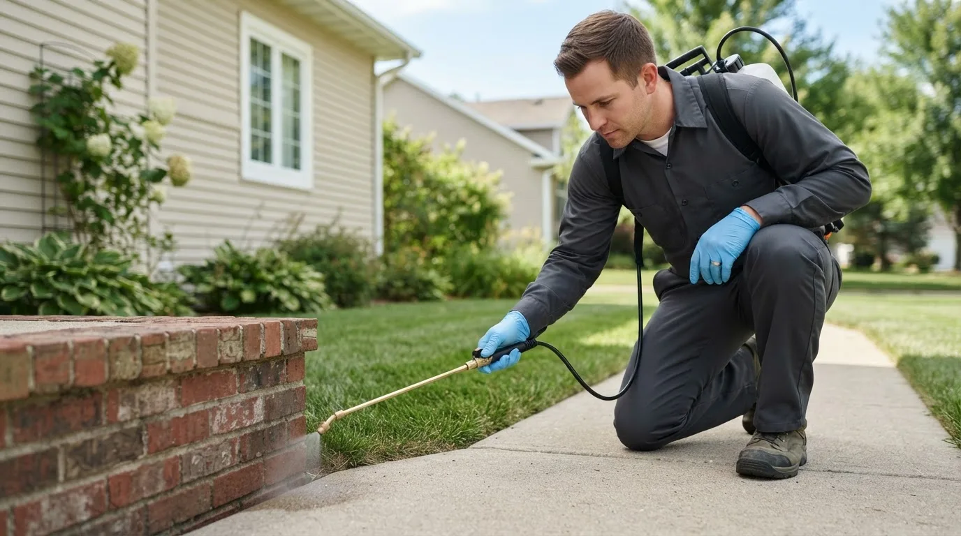 Pest control technician treating a home near Marcell, MN